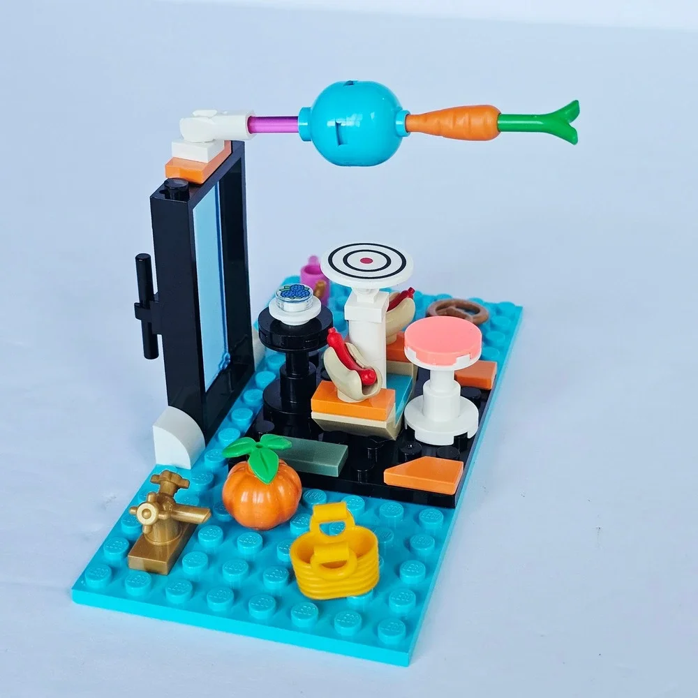 LEGO Custom Food Stand Cafe Baseplate with Hot Dogs Pretzel Fruit Accessories